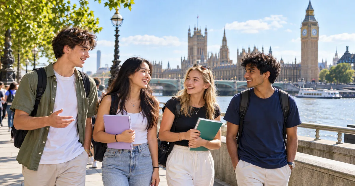 Londra’da yaz okulu deneyimini temsil eden öğrenci grubu